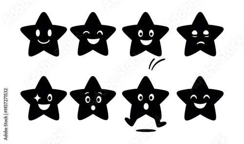 Smiling cartoon stars icons set – happy, wink, sad, surprise, jump. Vector icons set