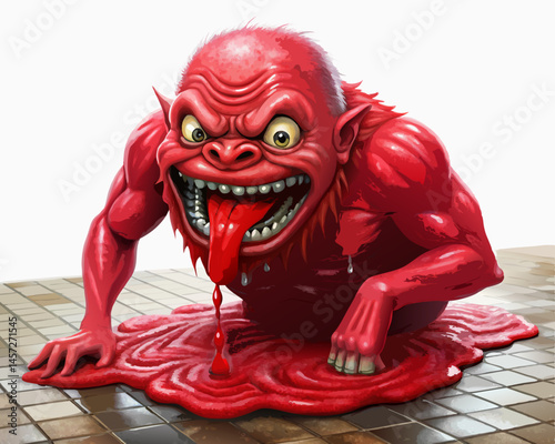 creepy red-skinned yokai with long tongue licking bathroom floor, traditional Japanese horror style, isolated vector on white
