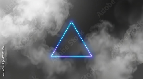 Illuminated Neon Triangle Amidst Atmospheric Smoke: Captivating the viewer with a neon blue-purple triangle set against an ethereal backdrop of smoky clouds, exuding modern artistic appeal.