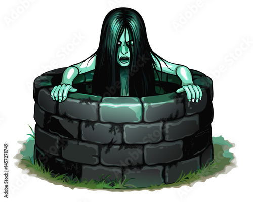 ghostly woman crawling out from an old Japanese stone well, long hair covering her face, horror-inspired vector, isolated on white
