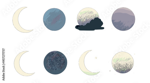 Dreamy moon silhouettes icons set – crescent, full, clouds, stars, night sky, phases. Vector icons set