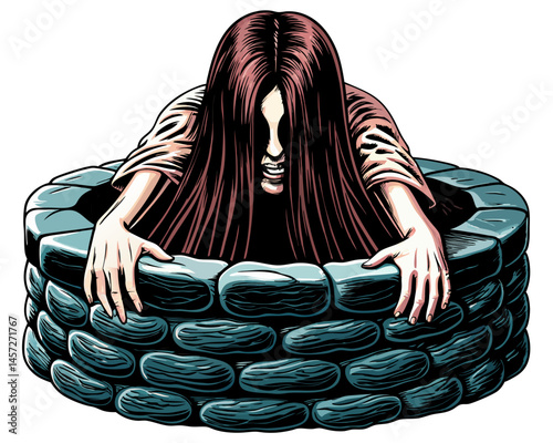 ghostly woman crawling out from an old Japanese stone well, long hair covering her face, horror-inspired vector, isolated on white
