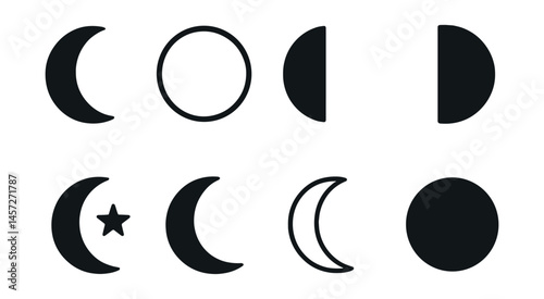 Minimalist moon icons set – crescent, full, half, star, circle. Vector icons set