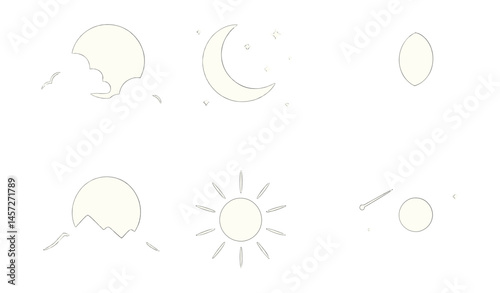 Celestial icons set – moon, crescent, clouds, sun, stars, comet, eclipse, night sky. Vector icons set