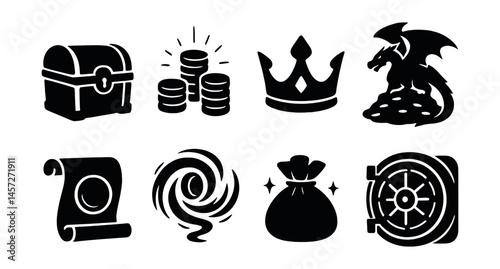 Fantasy treasure icons set – chest, coins, crown, dragon, scroll, portal, bag, vault. Vector icons set