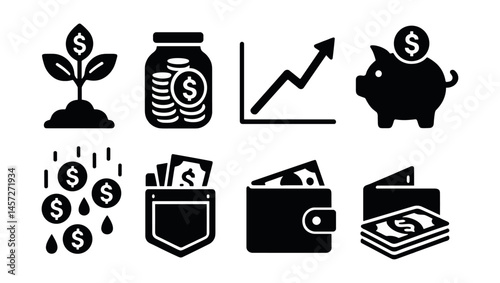 Financial growth icons set – plant, coins, graph, piggy bank, rain, wallet, money. Vector icons set