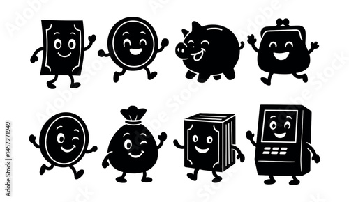 Cartoon money icons set – atm, box, piggy bank, coin, bag, banknote, safe, cash, smile. Vector icons set