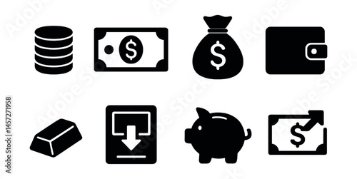 Minimalist money icons set – coins, cash, wallet, piggy bank, gold, investment, savings. Vector icons set