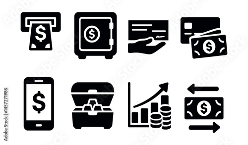 Banking essentials icon set – atm, safe, check, cash, mobile, deposit, chart, transfer. Vector icons set