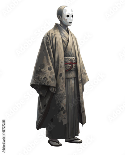 eerie figure of a person with a completely blank face in traditional Japanese clothing, haunting vector illustration on white background
