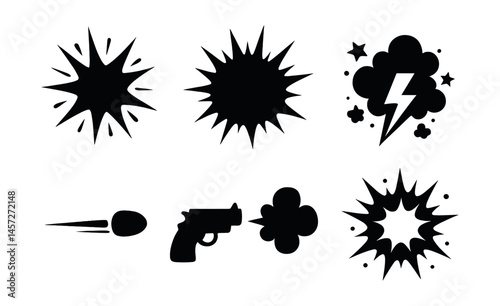 Cartoon explosion effects set – bang, blast, smoke, lightning, bullet, gunshot, starburst. Vector icons set