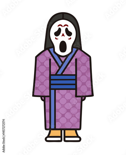 eerie figure of a person with a completely blank face in traditional Japanese clothing, haunting vector illustration on white background
