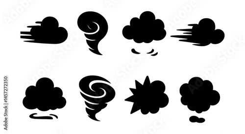 Energetic cloud silhouettes icons set – storm, tornado, wind, explosion, calm. Vector icons set