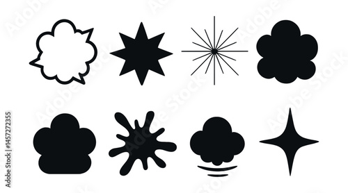 Minimalist explosion icons set – burst, star, spark, flare, cloud, splash, comet. Vector icons set