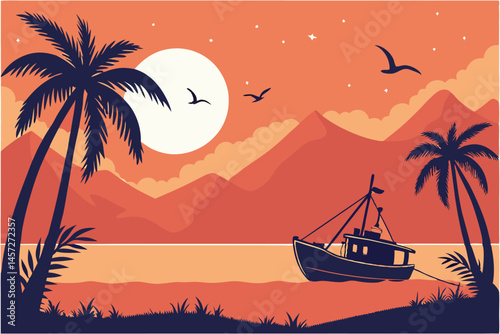 22 Tropical beach sunset and night scene, silhouette of fishing boat, palm trees, mountains in distance, vibrant orange and red sky, starry blue night sky, full moon reflection on water, birds flying,