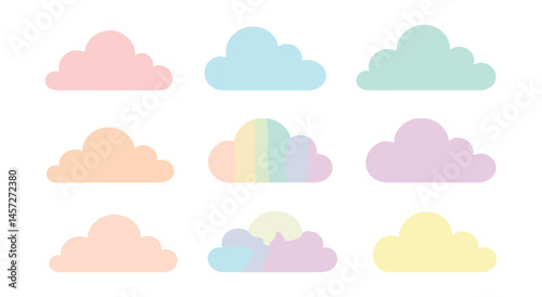 Pastel dream cloud icons set – pink, blue, green, yellow, glow, gradient, soft, fluffy, luminous, whimsical. Vector icons set