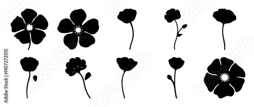 Black and white silhouettes of various flowers with stems on a white background
