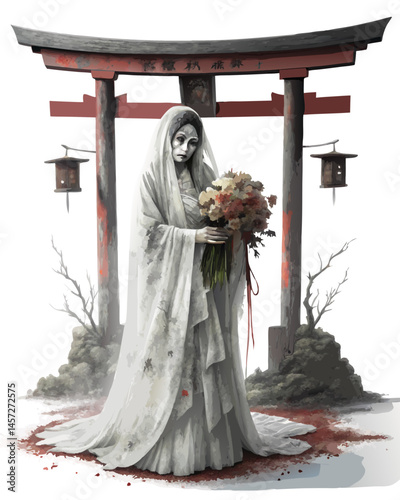 pale ghost bride in tattered white wedding kimono standing in front of torii gate, holding bouquet of dead flowers, horror vector isolated on white
