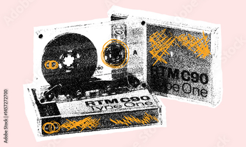 Trendy halftone pop art collage. Vintage music cassette. Grunge punk dotted collage sticker, modern retro vector illustration for poster, print, banner Vector textured retro illustration on pastel bac