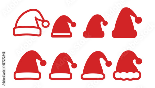 Minimalist santa hat icons set – festive, holiday, red, christmas, simple, design, cap, seasonal, graphic, art. Vector icons set