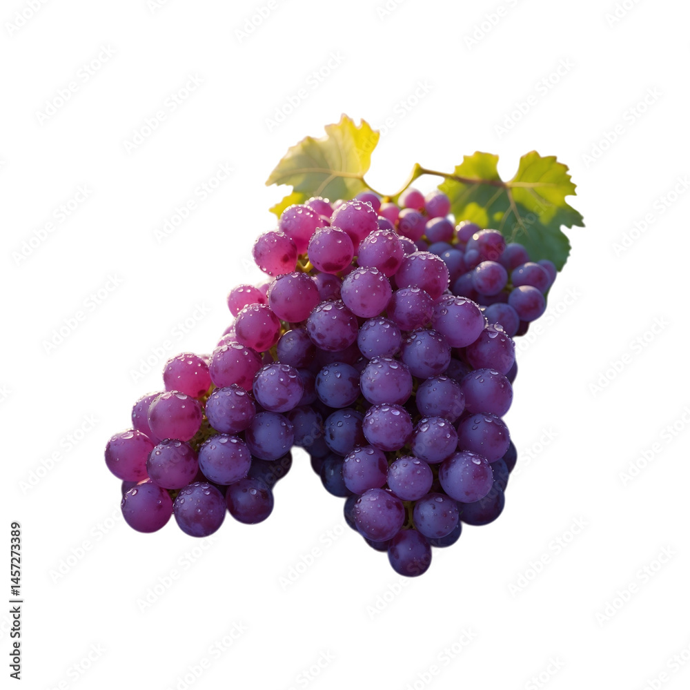 Fototapeta premium Fresh Purple Grapes with Green Leaves on White Background