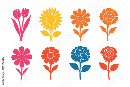 Floral silhouette icons set – tulip, sunflower, daisy, rose, peony, blossom. Vector icons set