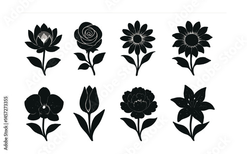 Elegant fantasy floral silhouette icons set – lotus, rose, daisy, sunflower, orchid, tulip, peony, lily. Vector icons set