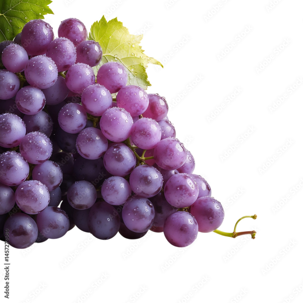 Fototapeta premium Fresh Purple Grapes with Green Leaves Isolated