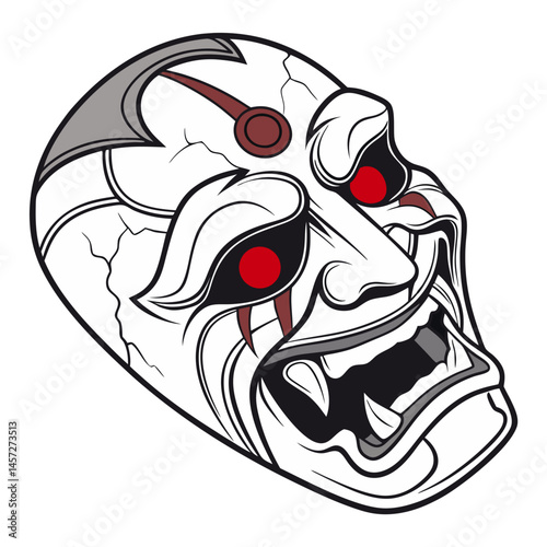 traditional kabuki theater mask with angry ghostly expression, cracked and bleeding from eyes, isolated vector on white background
