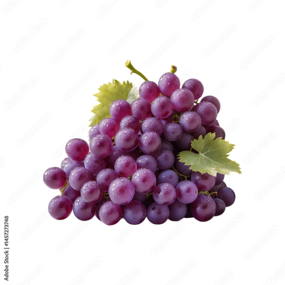Fototapeta premium Fresh Purple Grapes with Green Leaves on White Background