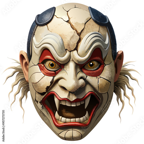 traditional kabuki theater mask with angry ghostly expression, cracked and bleeding from eyes, isolated vector on white background
