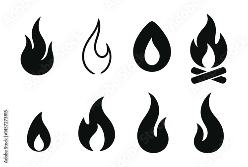 Minimalist flame icons set – fire, heat, campfire, flame shapes, burning. Vector icons set