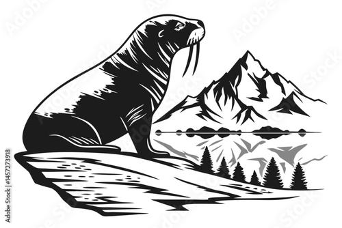 24 Black and white illustration, walrus silhouette, mountain landscape, reflective water, double exposure, minimalist design, negative space, arctic wildlife, symbolic art, stark contrast, nature fusi