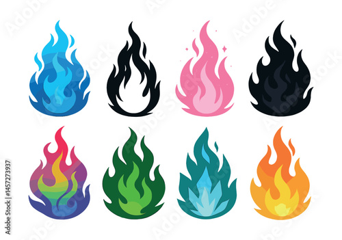 Enchanted flame icons set – blue, black, pink, red, rainbow, green, aqua, orange. Vector icons set