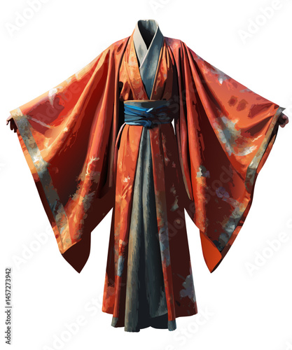 floating traditional kimono moving with no wearer inside, sleeves fluttering mysteriously, horror yokai vector, isolated on white
