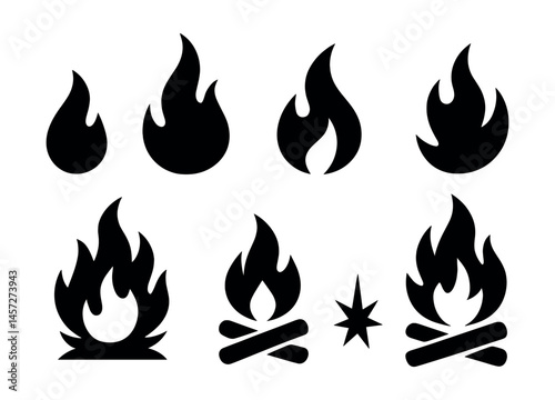 Fire icon set – flames, campfire, bonfire, blaze, burn, heat, ember, glow, spark, flare. Vector icons set
