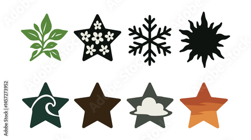 Nature-inspired star icons set – leaf, blossom, snowflake, sun, wave, star, cloud, fire. Vector icons set