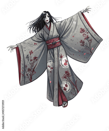 floating traditional kimono moving with no wearer inside, sleeves fluttering mysteriously, horror yokai vector, isolated on white
