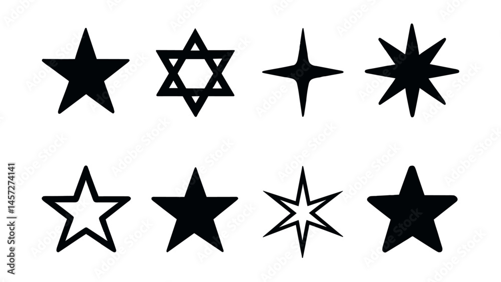 Silhouette star icons set – classic, hexagram, four-pointed, sharp, outline, eight-pointed, glowing. Vector icons set Silhouette star icons set – classic, hexagram, four-pointed, sharp, outline, eight-pointed, glowing. Vector icons set