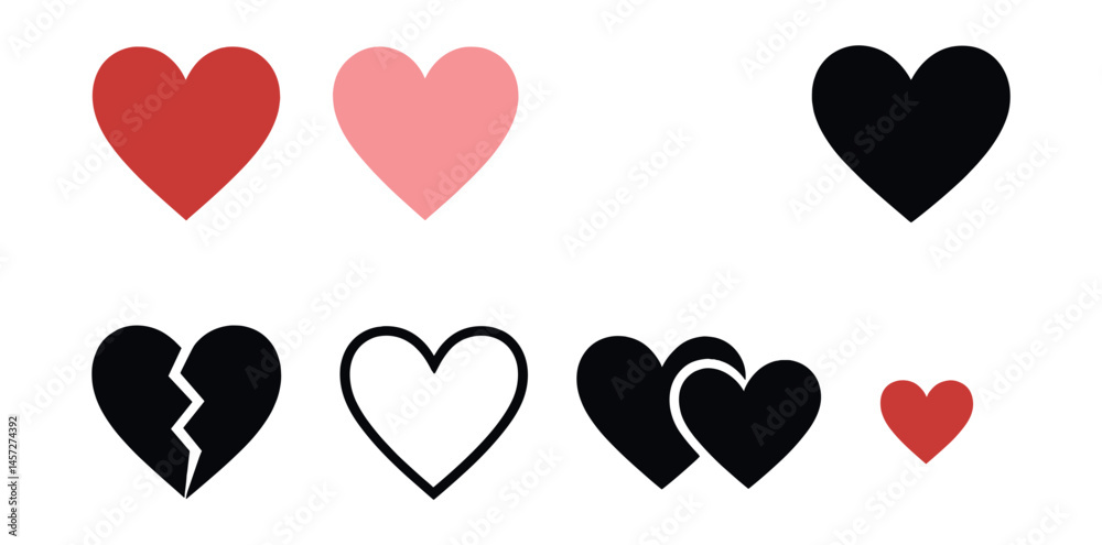 Silhouette heart icons set – love, broken, outline, double, red, black, simple, glowing. Vector icons set