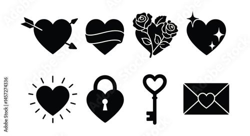 Romantic heart icon set – arrows, ribbon, roses, sparkles, sunburst, lock, key, envelope. Vector icons set