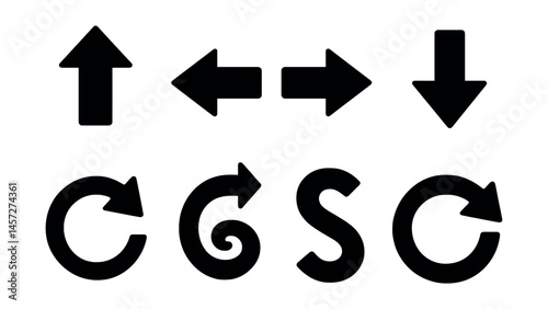 Silhouette block arrow icons set – arrows, left, right, up, down, circular, curved. Vector icons set