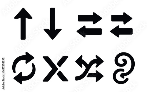 Silhouette arrow icons set - up, down, left, right, circular, curved, directional designs. Vector icons set