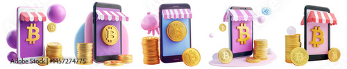 3D golden Bitcoin emblem displayed on smartphone, adorned with striped awning and coin stacks on transparent background