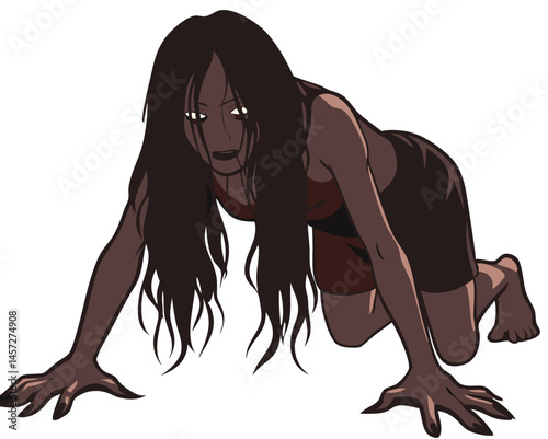 ghostly woman cut in half crawling with elbows, dragging her upper body across the ground, dark horror style, vector on white
