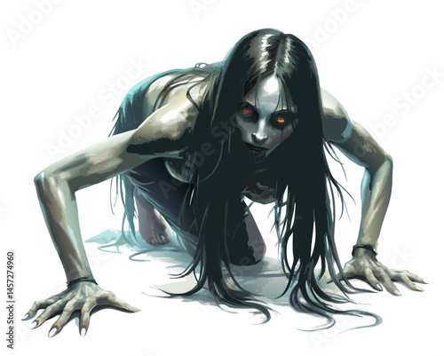 ghostly woman cut in half crawling with elbows, dragging her upper body across the ground, dark horror style, vector on white

