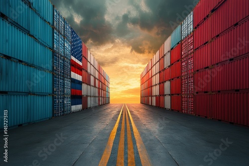 Wallpaper Mural Shipping containers with usa and russia flag under dramatic sky at sunset Torontodigital.ca