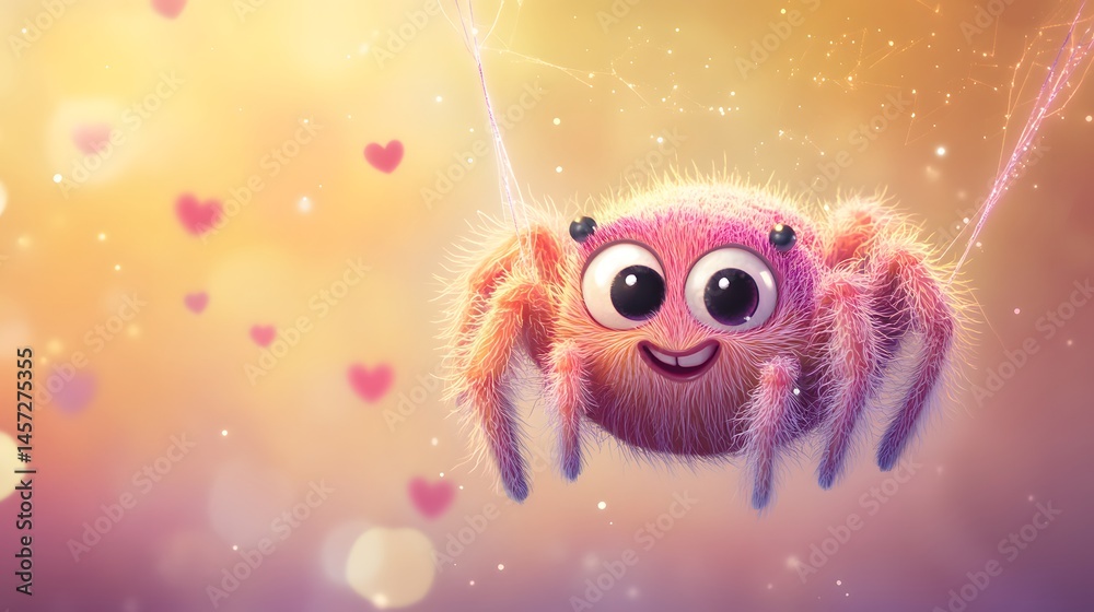 Cute pink spider character with a joyful expression. Cute pink spider character with a joyful expression.