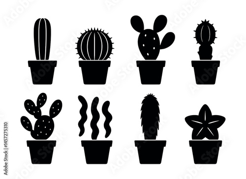 Cactus silhouette icon set – potted, succulent, desert, spiky, plant, nature, minimalist, black, collection. Vector icons set