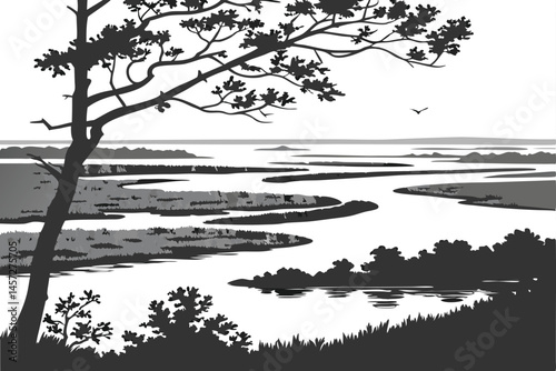25 Black and white abstract landscape, high contrast, aerial view of water bodies, geometric shapes, ripples and reflections, minimalist art, graphic design style, stark shadows, organic patterns, liq